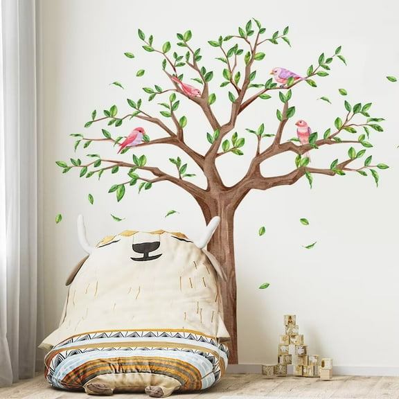 Large Tree Branch Hanging Vine Wall Stickers Green Leaf Flower Birds Peel and Stick Wall Art Decals for Living Room Bedroom TV Wall