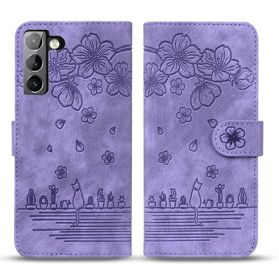 Mantto Compatible For Samsung Galaxy S22 Plus Case,Luxury and Shockproof Flexible Cute Pattern Embossed PU Leather Stand Flip Wallet with Wrist Strap Cover.For Samsung Galaxy S22 Plus,Purple