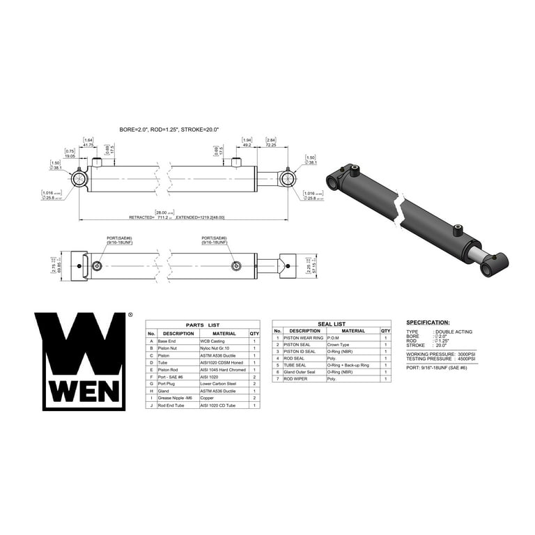 WEN Cross Tube Hydraulic Cylinder with 2-inch Bore and 20-inch Stroke 