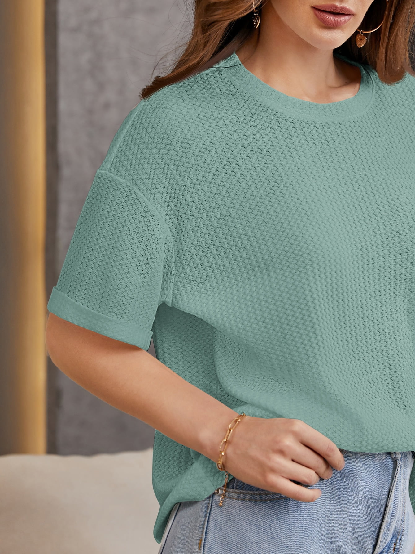 Drop Shoulder Waffle Knit Tee Casual 