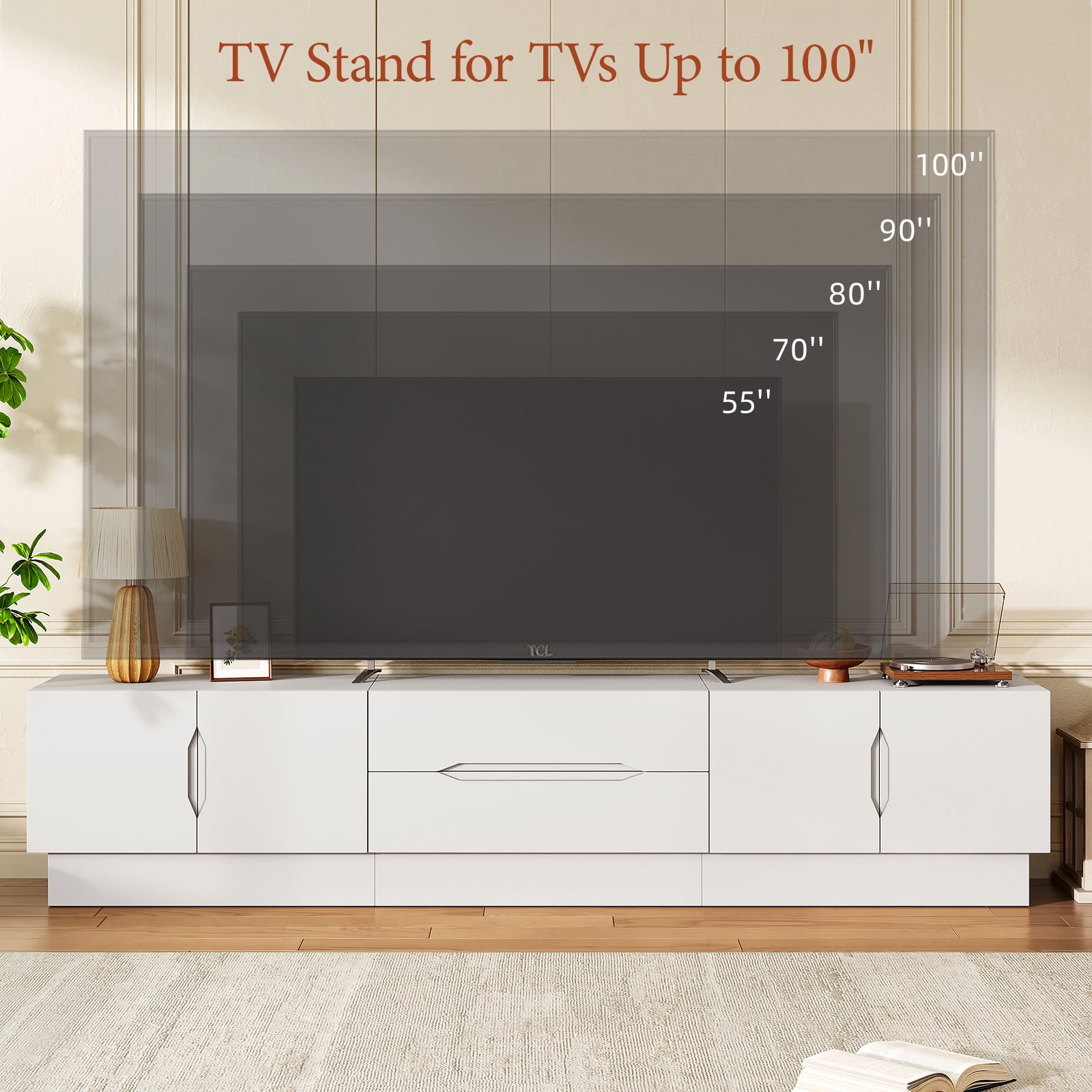 94.5" Wide Modern TV Stands with Storage, Wooden Media Console for Living Room, Bedroom, White