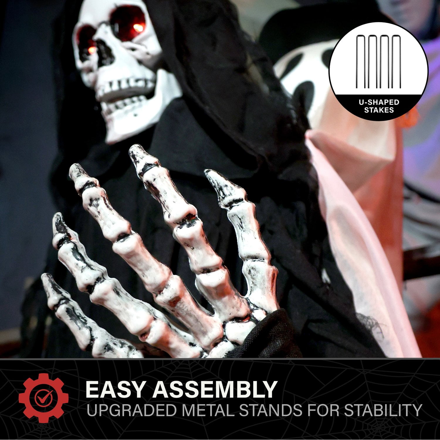 Haunted Hill Farm Red LED Battery Reaper with Hide and Seek Ghost Halloween Animatronic 3.9-Ft.