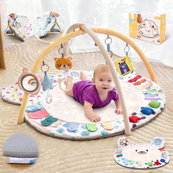 Beavtaens Baby Gym Play Mat, Large Mat with 5 Sensory Zones, 4-in-1 Tummy Time for Infants 0-18M