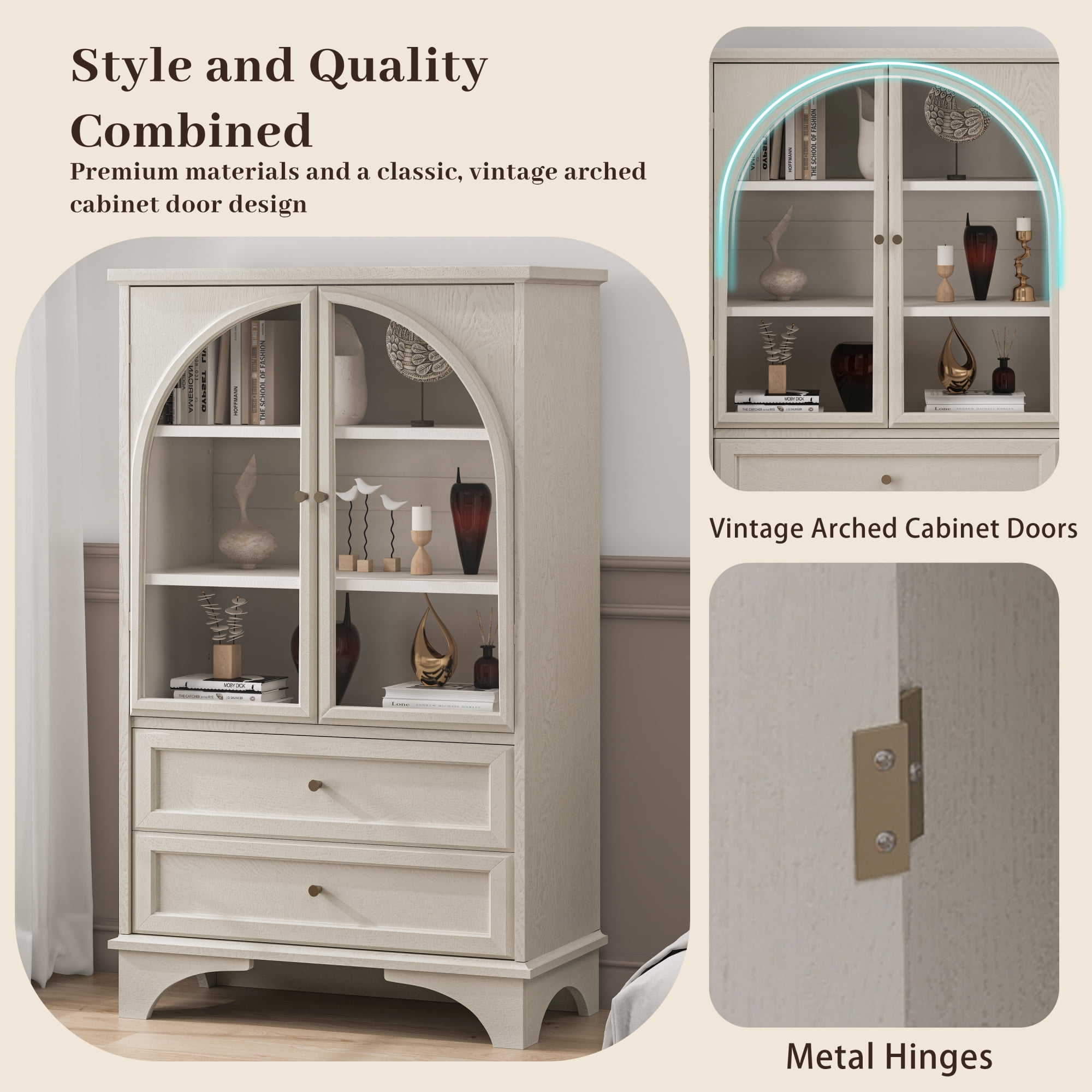 52.17"H Storage Cabinet with 2 Drawers and Adjustable Shelf,Modern Glass Door Curio Cabinet for Living Room,Bedroom,Kitchen,Office,White