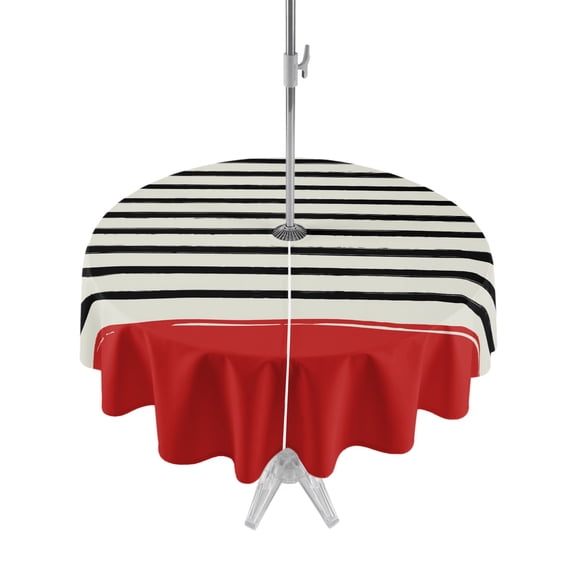 Outdoor Tablecloth with Umbrella Hole Zipper Country Black Stripes Round Tablecloth 60" Waterproof Outside Table Cloth Geometric Horizontal Striped Retro Red Patio Table Cover Tablecloths for Picnic