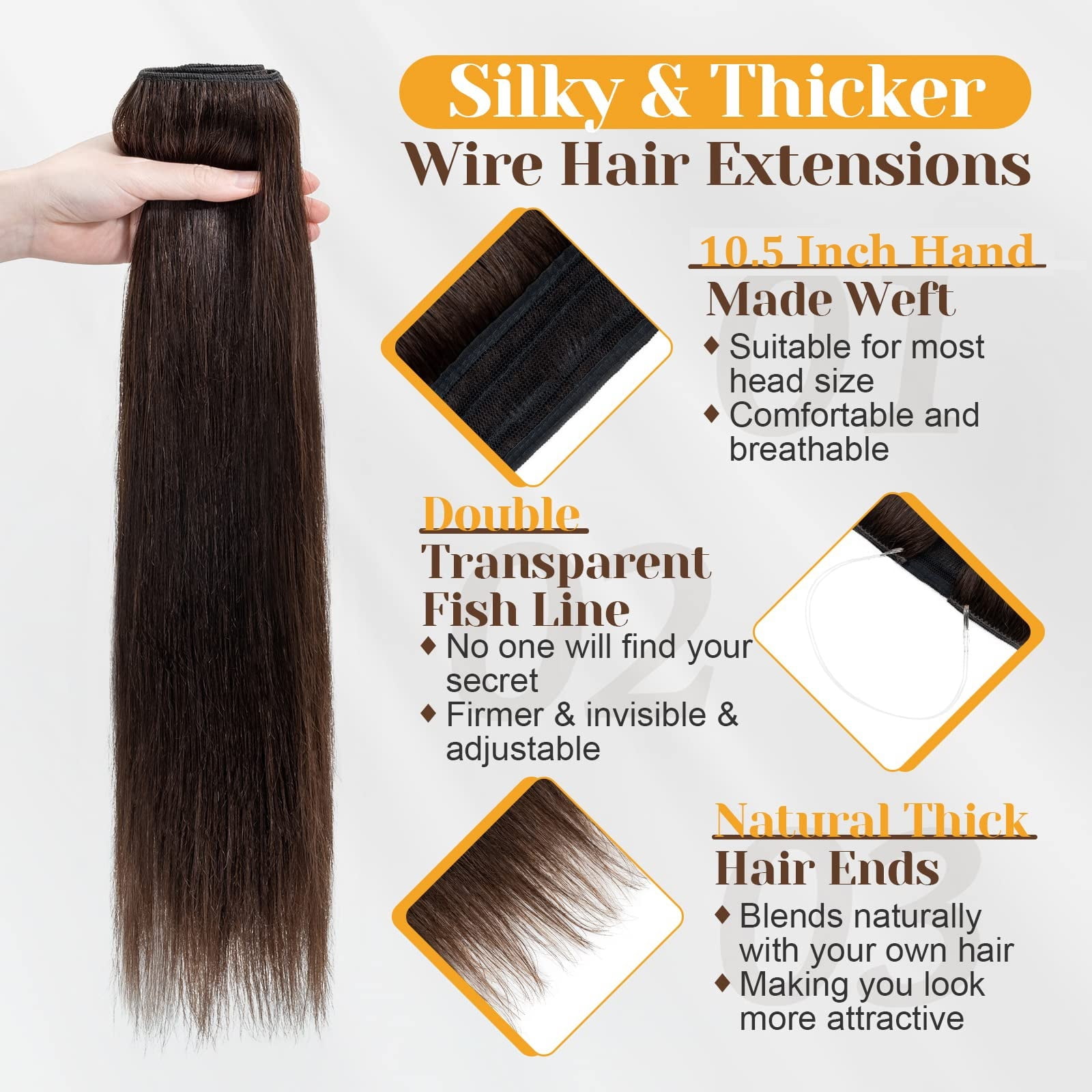 One Piece Clip in Hair Fish Line Hair Extensions Human Hair Dark Brown Color #2 Clips Real Natural Brazilian Hair Apply Invisible Wire 16-26 Inch