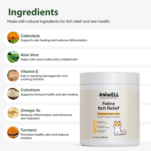 Aniwell Feline Itch Relief Chews | Aloe Vera & Omega-3 | Cat Itchy Skin & Allergy Support | Seasonal Itch Relief for Cats | All Ages & Breeds