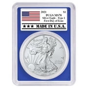 2021 $1 Type 1 American Silver Eagle PCGS MS70 FDOI Made in USA Label Blue Frame