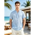 thumbnail image 4 of Cotton Linen Shirts for Men Short Sleeve Casual Holiday Beach Grandad Collar Henley Shirt Sky Blue, 4 of 8