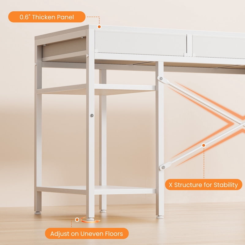Gianna 47" Computer Desk with 6 Drawers, Home Office Gaming Desks with Storage Shelves for Bedroom, Writing Study Corner Living Room Work Table White