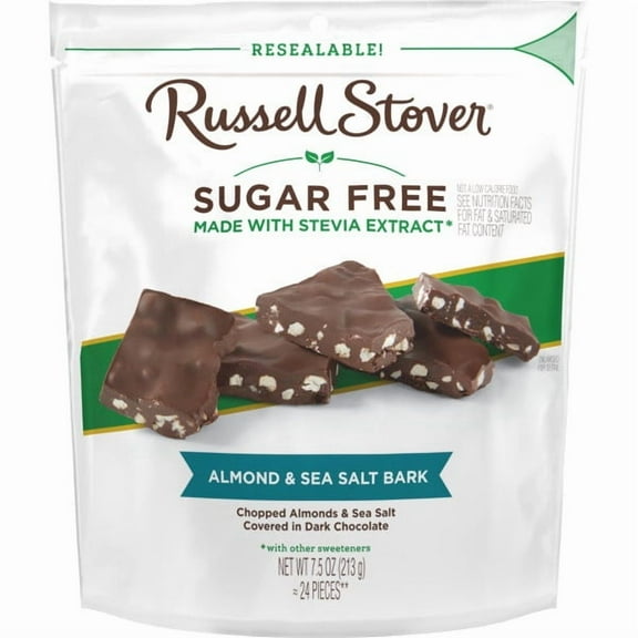 RUSSELL STOVER Sugar Free Dark Chocolate Almond & Sea Salt Bark, 7.5 oz bag (≈ 24 pieces)