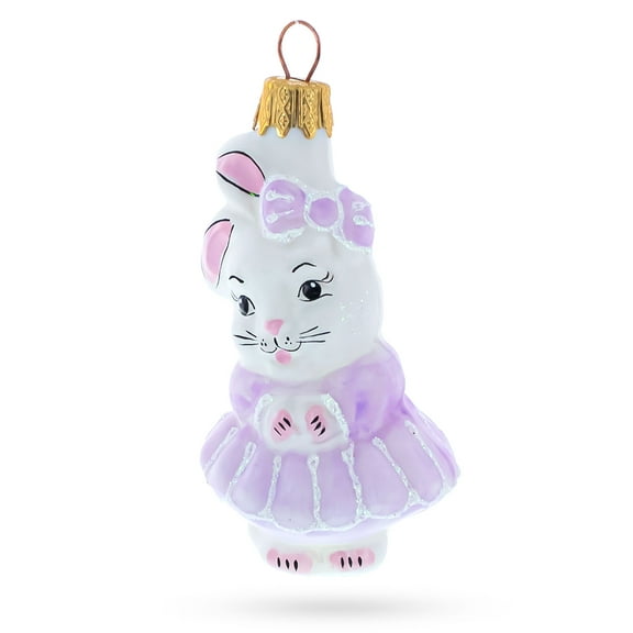 White Bunny Wearing Purple Tutu Dress Glass Christmas Ornament