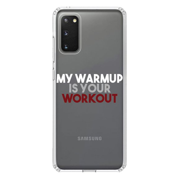 DistinctInk Clear Shockproof Hybrid Case for Galaxy S20 ULTRA / 5G (6.9" Screen) - TPU Bumper Acrylic Back Tempered Glass Screen Protector - My Warmup is Your Workout