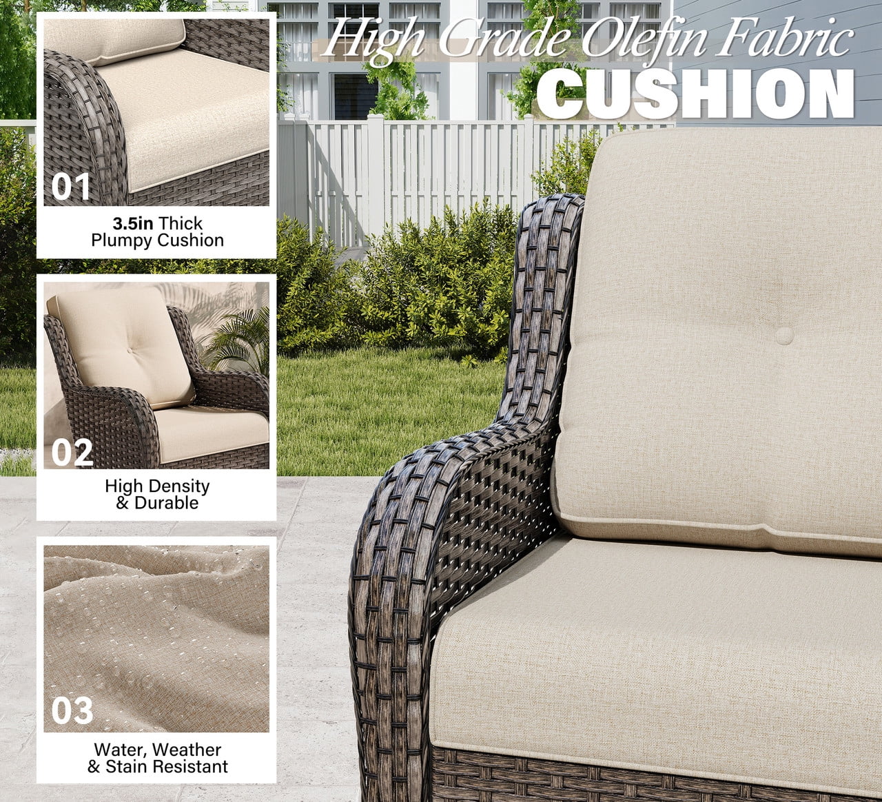 Meetleisure 3 Piece Wicker Patio Furniture Set, Rattan Chairs with 3-Seater Sofa, High Back, Deep Seating, Wide Armrest, Thick Cushions for Deck Porch, Beige
