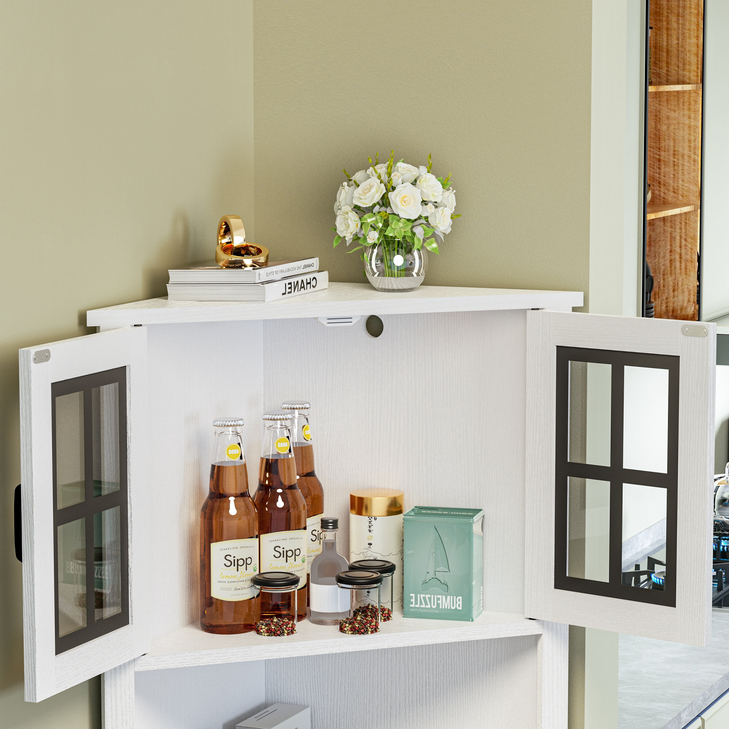 Joywind 67" White Corner Cabinet with LED Lights, Modern Tall Storage Hutch with Glass Doors & Shelves