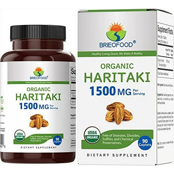 Brieofood Organic Haritaki 1500mg, 45 Servings, Vegetarian, Gluten Free, 90 Vegetarian Tablets