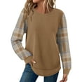 thumbnail image 2 of Waffle Knit Tunic Tops for Women Curved Hem Dressy Long Sleeve Shirts Trendy Fall Fashion Crewneck Sweaters Camel S, 2 of 6