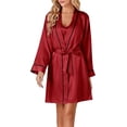 thumbnail image 5 of Ensemble de Pyjamas en Satin 3 Pcs pour Femmes, Haut Cami et Shorts, Vêtements de Nuit avec Robe, Bourgogne, 5 of 5