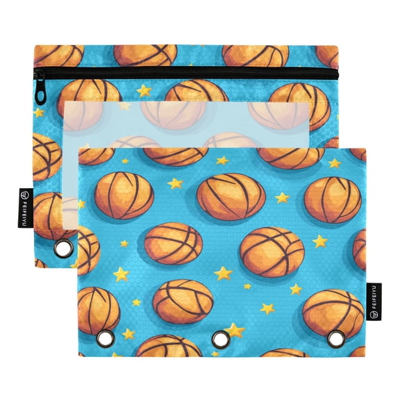 2 Pack 3 Ring Binder Pouch with Clear PVC Window Water Resistant Zipper Pencil Pouch Blue Basketball Patterns Binder Pocket for Classroom Office Home Stationery Organization