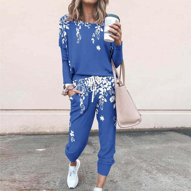 Puntoco Traje Casual Con Cordón Y Cuello Redondo De Manga Larga Con Estampado Holgado A La Moda Para Mujer Azul Xxxxxl