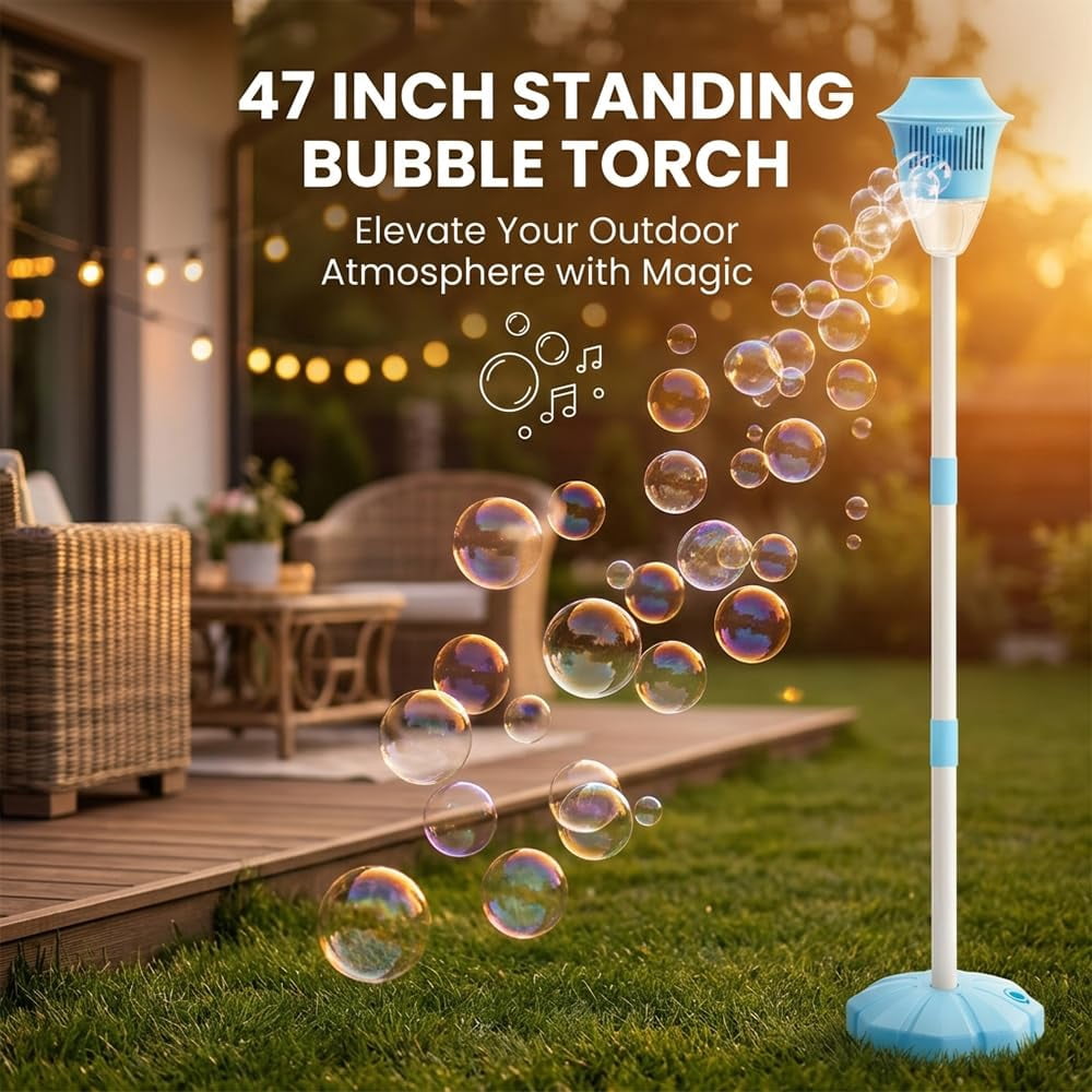 Standing Automatic Bubble Machine with Light: Rechargeable Bubble Tower with Music - 3 Adjustable Heights Street Lamp Bubbles Maker for Outdoor Garden, Patio, Wedding, Party (red & Blue)