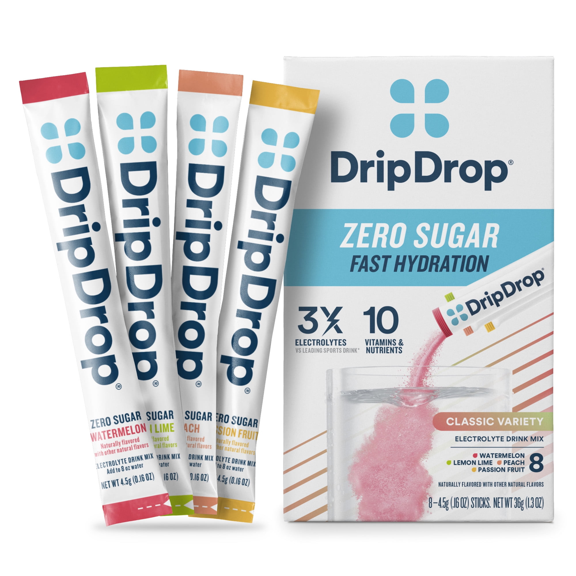 (8 pack) DripDrop Zero Sugar Fast Hydration - Watermelon, Lemon Lime, Peach, and Passion Fruit Electrolyte Powder Drink Mix, 8 Count