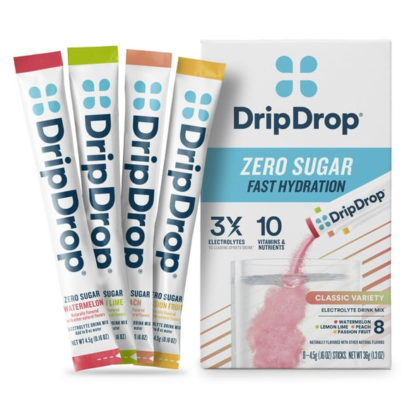 DripDrop Zero Sugar Fast Hydration - Watermelon, Lemon Lime, Peach, and Passion Fruit Electrolyte Powder Drink Mix, 8 Count