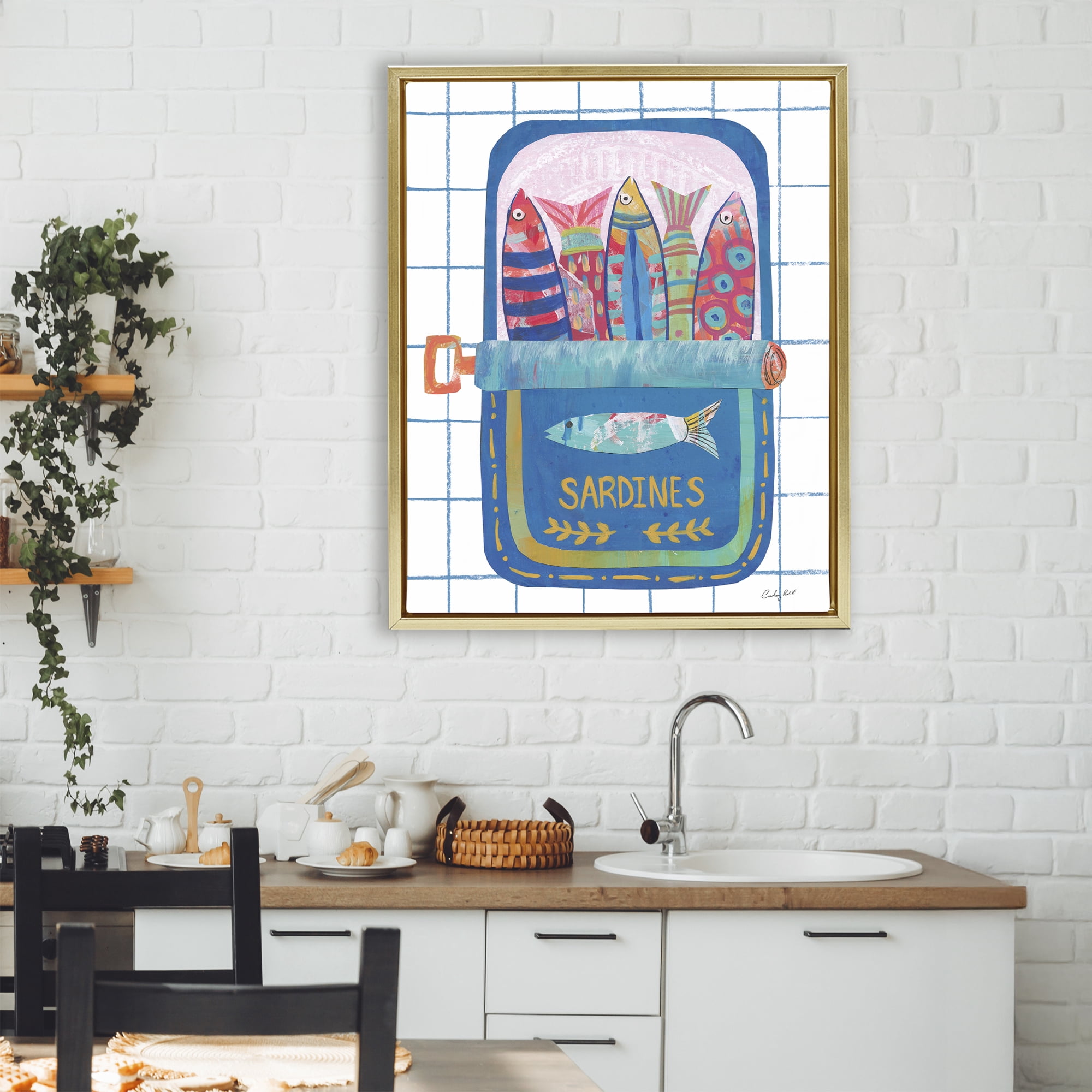 Stupell Industries Silly Sardines Blue Tin Gold Framed Floater Canvas Wall Art, design by Courtney Prahl