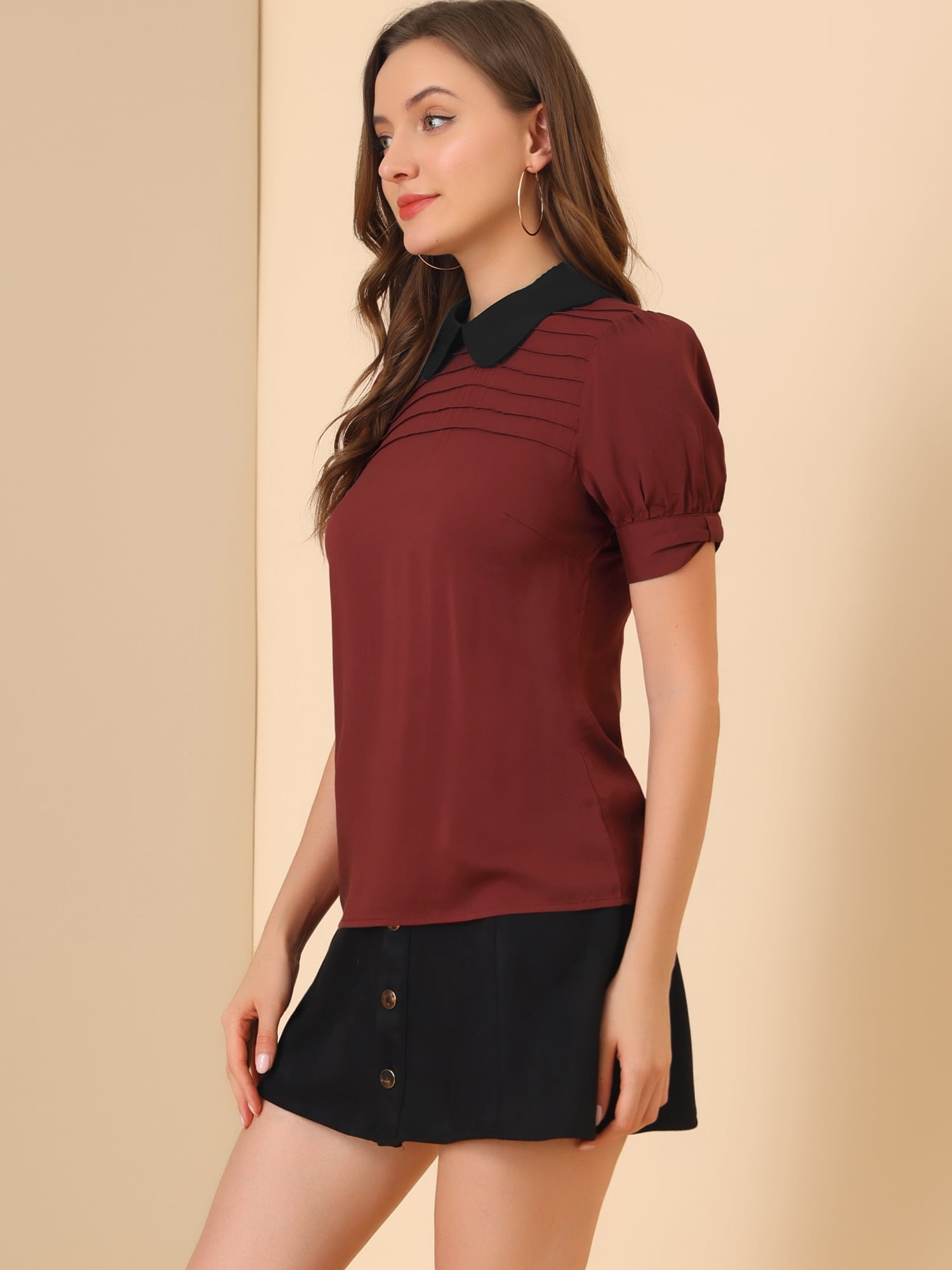DARING DIVA Peter Pan Collar Contrast Puff Blouse Top M Burgundy