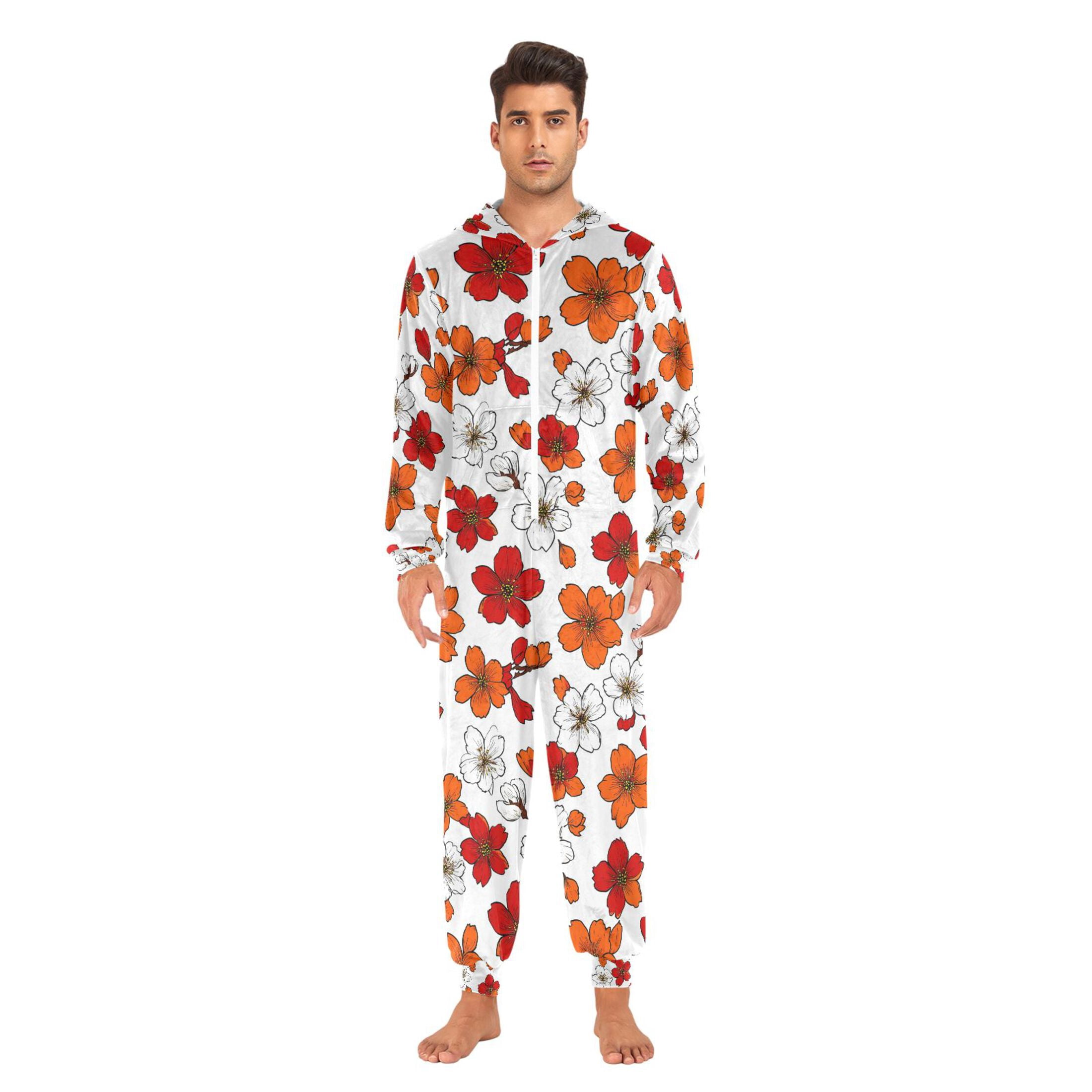 Adult Christmas Onesie Cute Flowers Adult Zipper One-Piece Pajamas Unisex Pajamas with Pockets