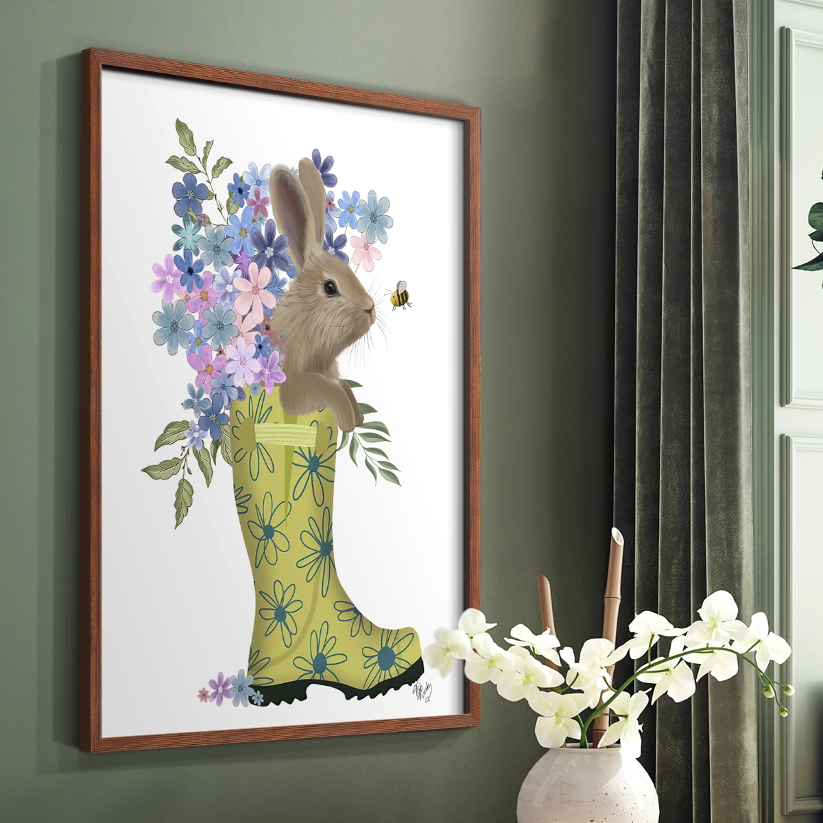 Welly Bunny And Bee Framed Print in Brown Solid Wood 8 x 10 Framed Print