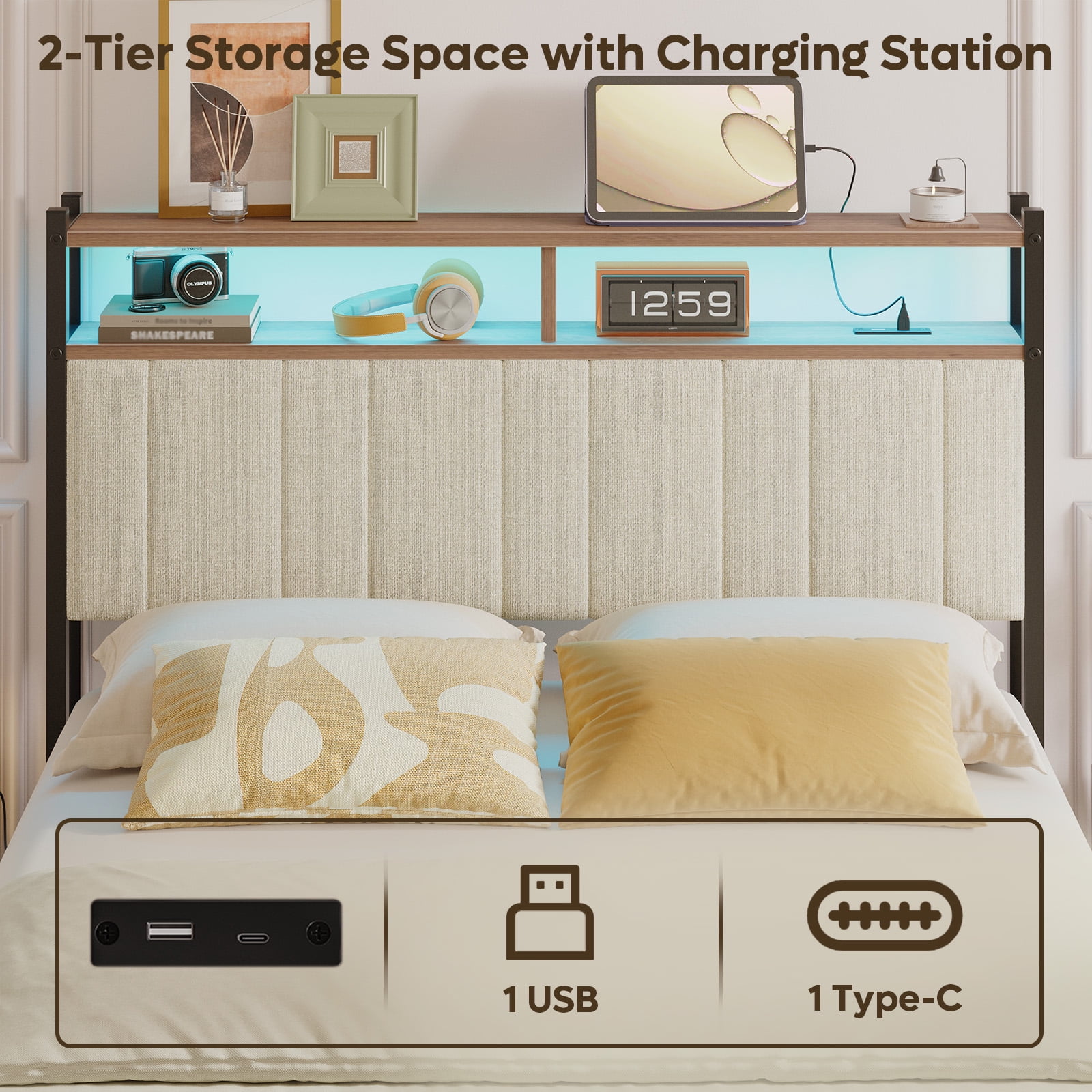 Pinmoco Headboard for Full Size Bed with Storage, Linen Upholstered Headboard with LED & USB Charging, Beige, Headboard Only(Bed Frame Not Included)