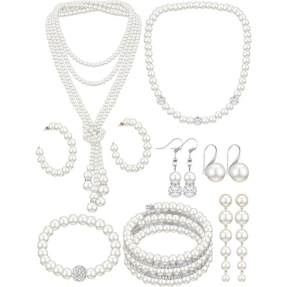 8 Pcs Pearl Necklace and Earrings Set for Women Faux Pearl Bracelets Costume Jewelry Set for Wedding Bridal Shower Graduation Birthdays Dance Balls Party Mother's Day Gifts