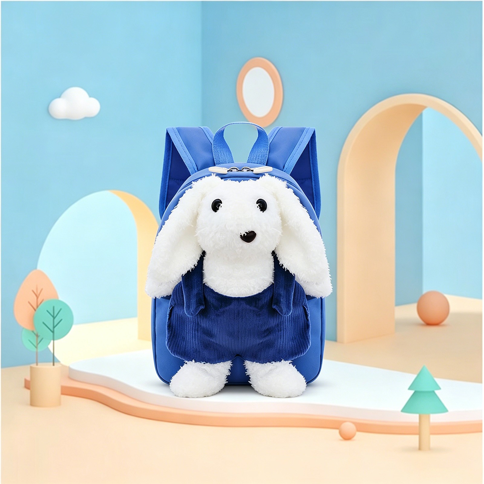 Mochila escolar para niños y niñas, de pana, con diseño de dibujos animados, bolso de libros con animalitos, para primaria y secundaria, azul 2