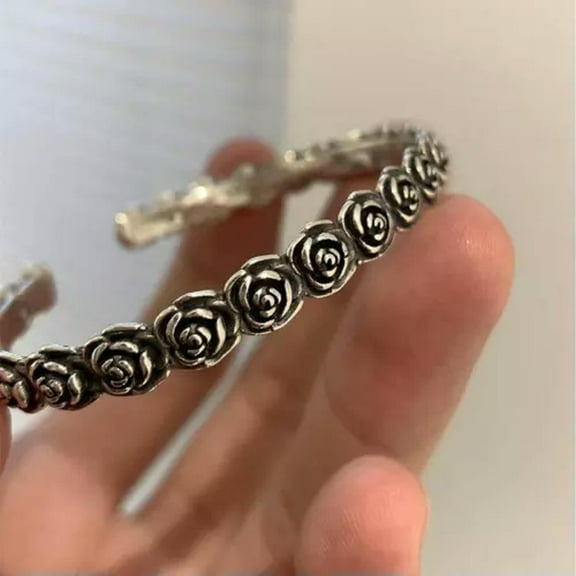 K-KED Retro Elegant 925 Sterling Silver Cuff Bangle Vintage Rose 3D Bracelet Jewelry