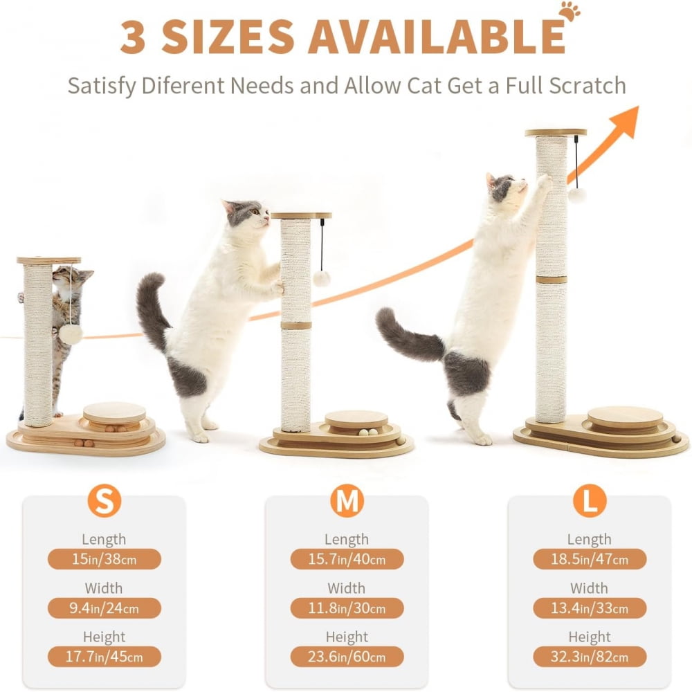 Cat Scratching Post for Indoor Cats, 23.4" Tall 2-Layer Sisal Cat Scratcher with Interactive Wooden Ball Track & Dangling Teaser Ball, Anti-Tip Solid Wood Base Kitten Play Toy