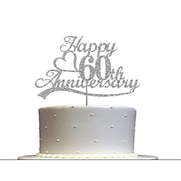 60th Anniversary Silver Glitter Cake Topper, 60 Wedding Anniversary Party Decoration Ideas, Sturdy Doubled Sided Glitter, Acrylic Stick. Made in USA (60th Silver)