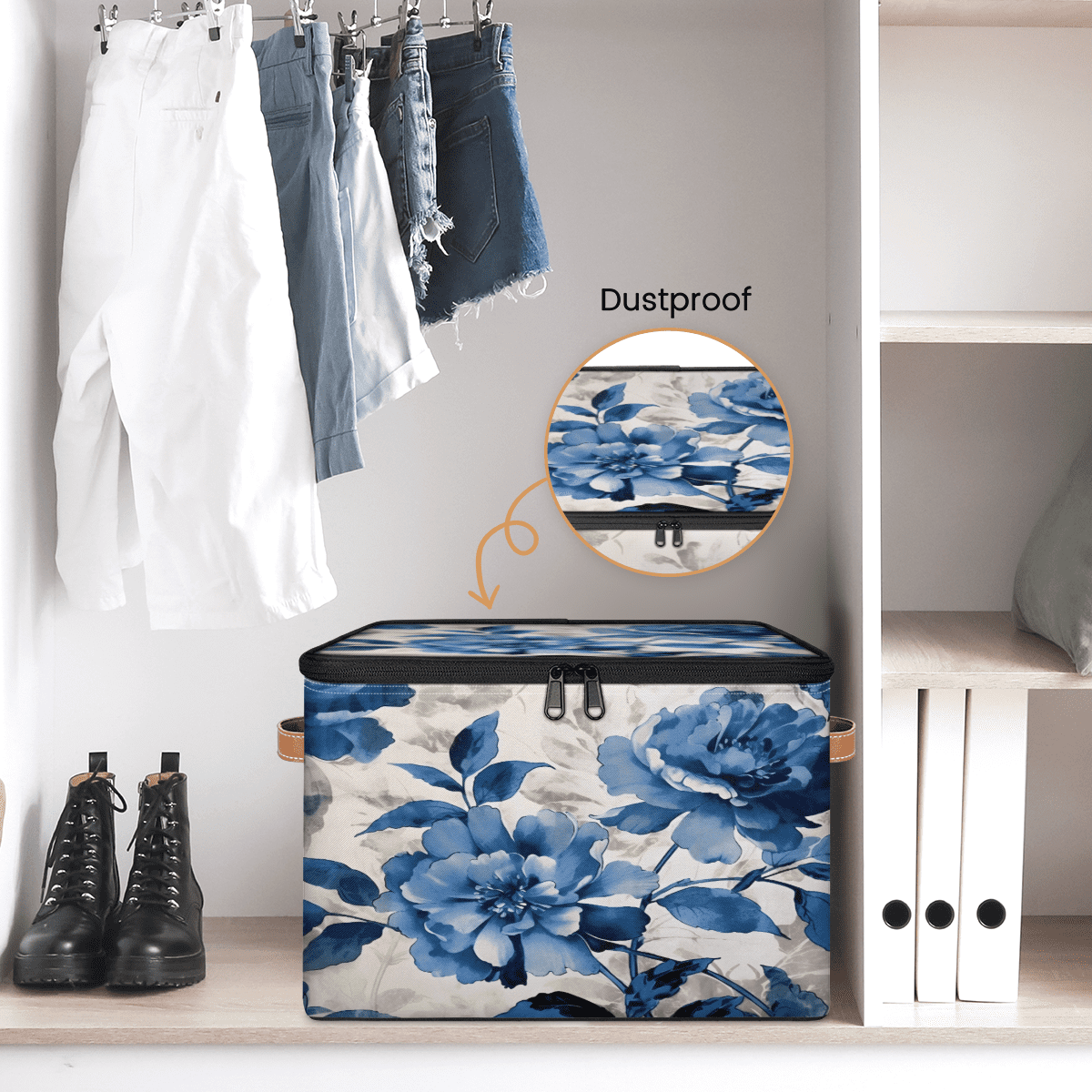 CURLYOOT Watercolor Blue Flower Storage Bin with Zipper Lid, Fabric Decorative Lidded Storage Baskets Boxes, Foldable Organizer Container Basket for Bedroom Closet Shelf