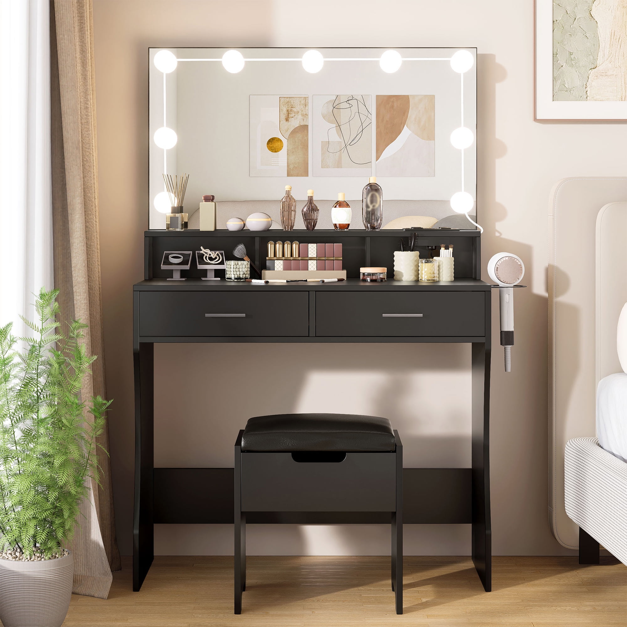 VEANERWOOD Makeup Vanity Table Set with Lighted Mirror & Power Strip for Bedroom, Black