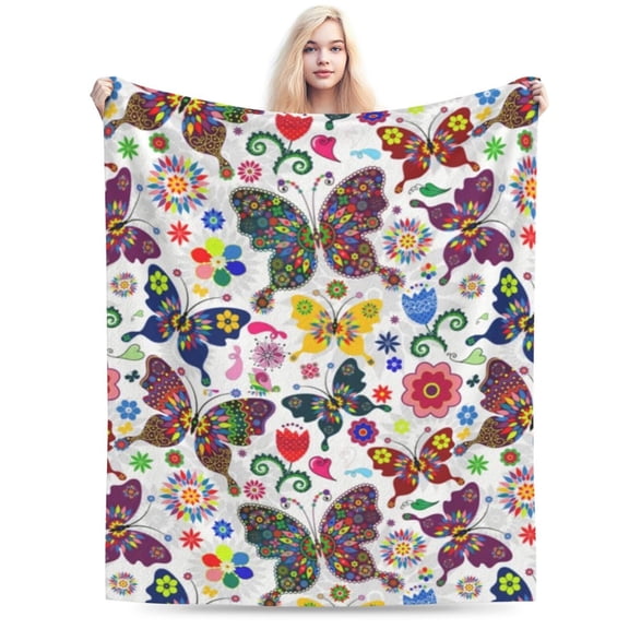 Butterfly Fleece Throw Blanket Sets , Butterflies Flowers Travel Blankets 50x40