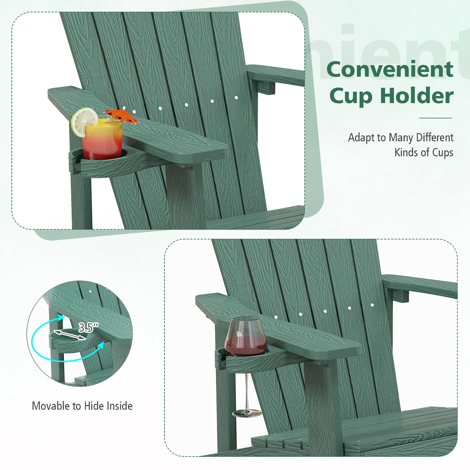 Gymax Patio HIPS Outdoor Weather Resistant Slatted Chair Adirondack Chair w/ Cup Holder Dark Green