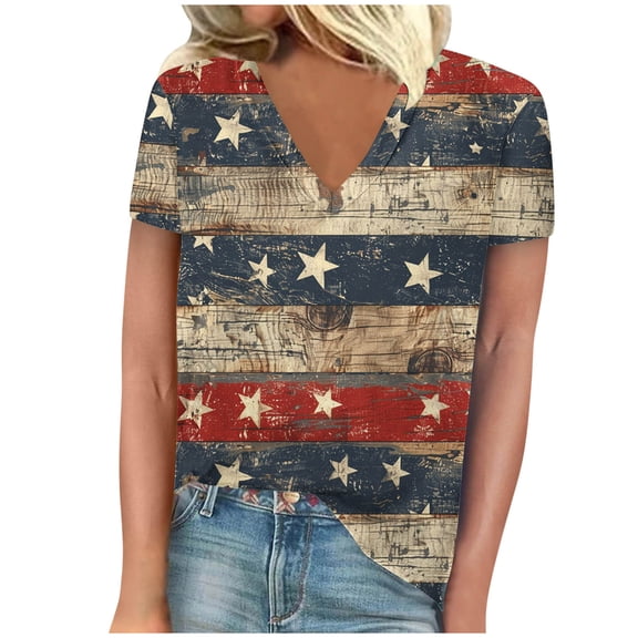 successthop 4th of July Clothes Women Flags Plus Size Anniversary T Shirt Casual Shirts V Neck 3/4 Sleeve Tops Red XL