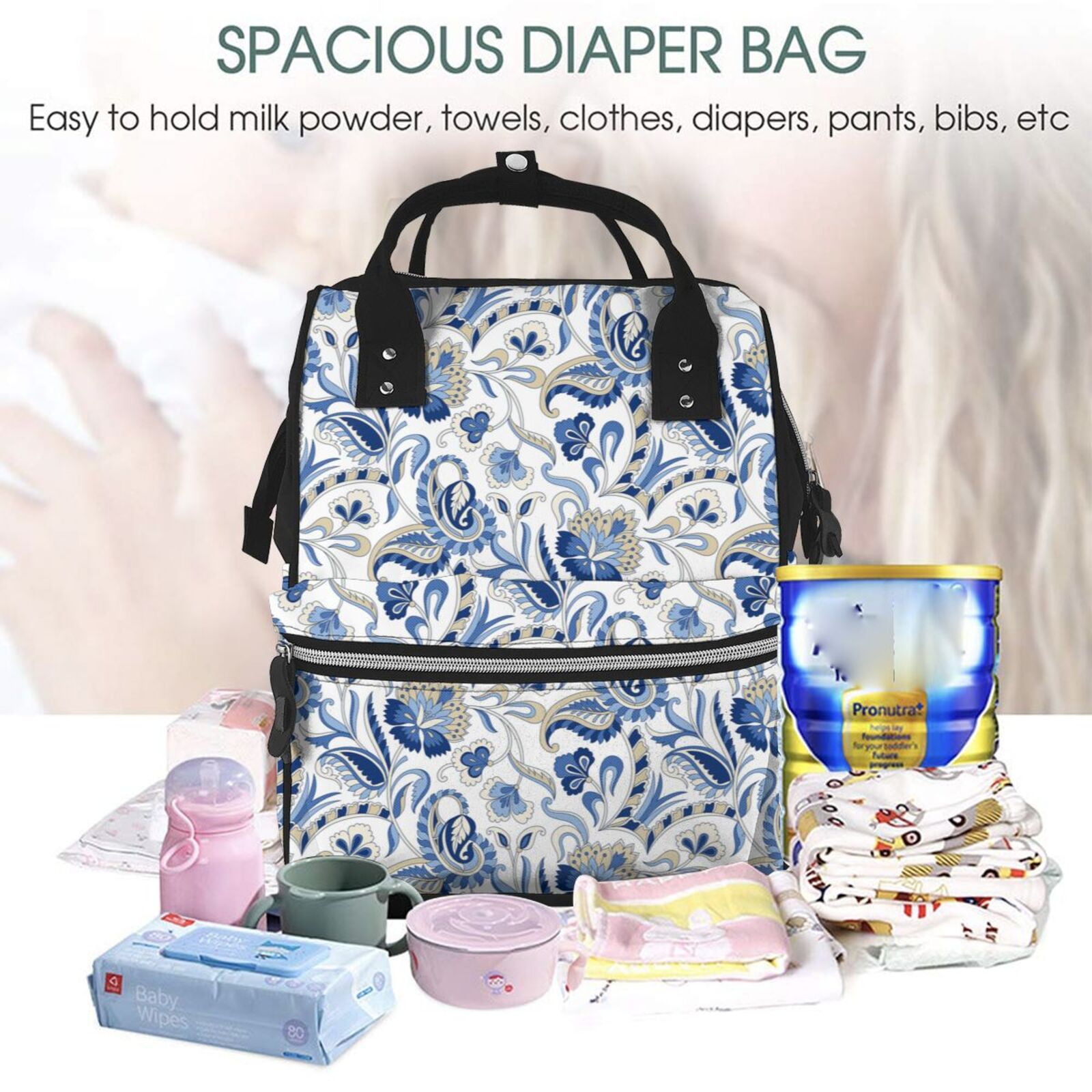 Ratiio Blue Paisley Mummy Backpack - Waterproof Twill Canvas, Large Capacity Diaper Bag with Multiple Pockets and Adjustable Straps