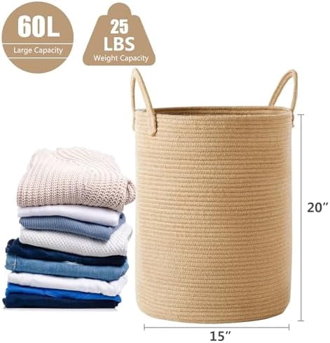 60L Jute Woven Hamper Laundry Basket Wicker Rope Clothes Hamper for Baby Nursery Kids Tall Rattan Blanket Basket in Living Room Bedroom 15Dx20H inches