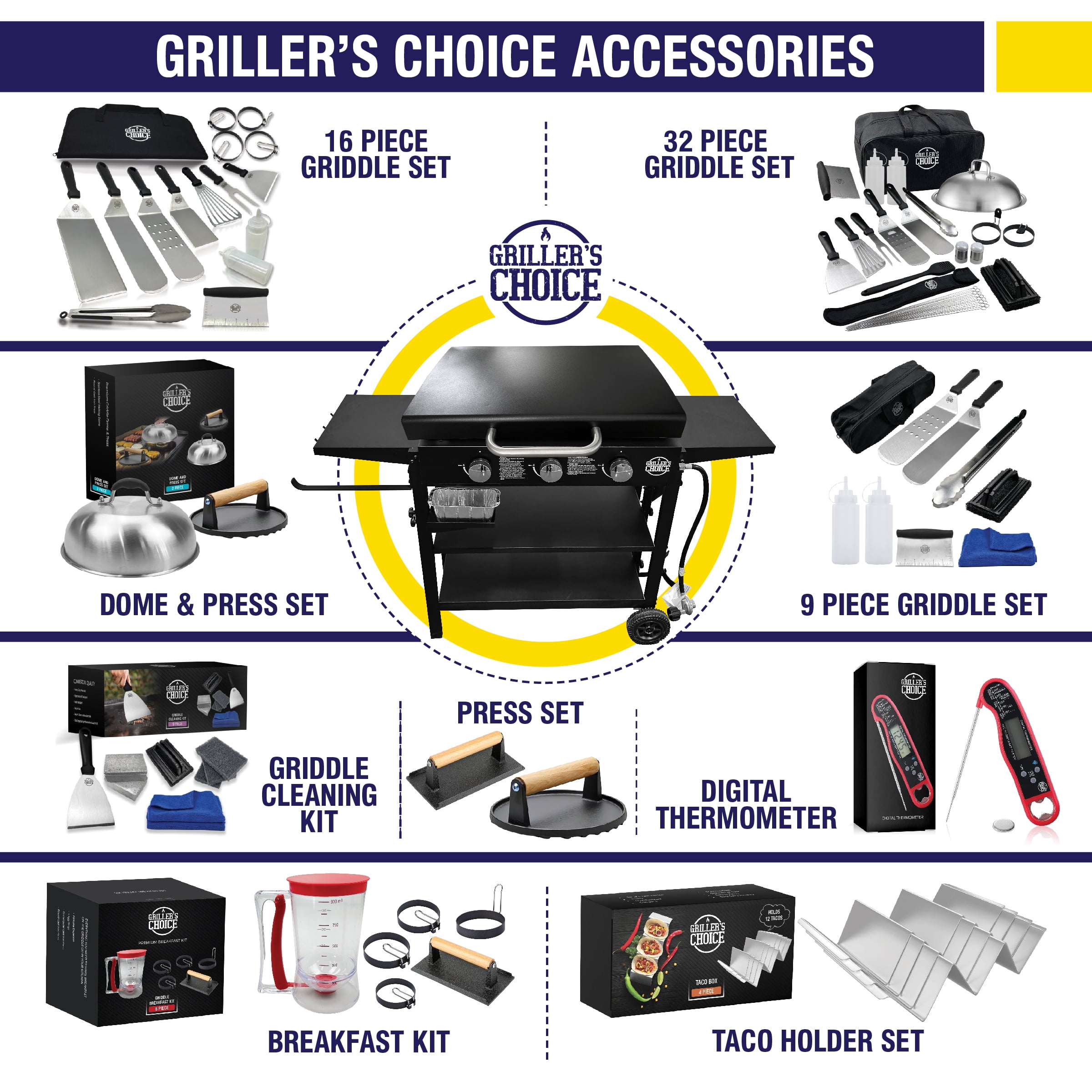Griller's Choice Gas Griddle with Hinged Hood, Wind Guards, Front Grease Management, 4 Shelves, Propane Griddle for Outdoor Cooking, Steel Flattop Grills
