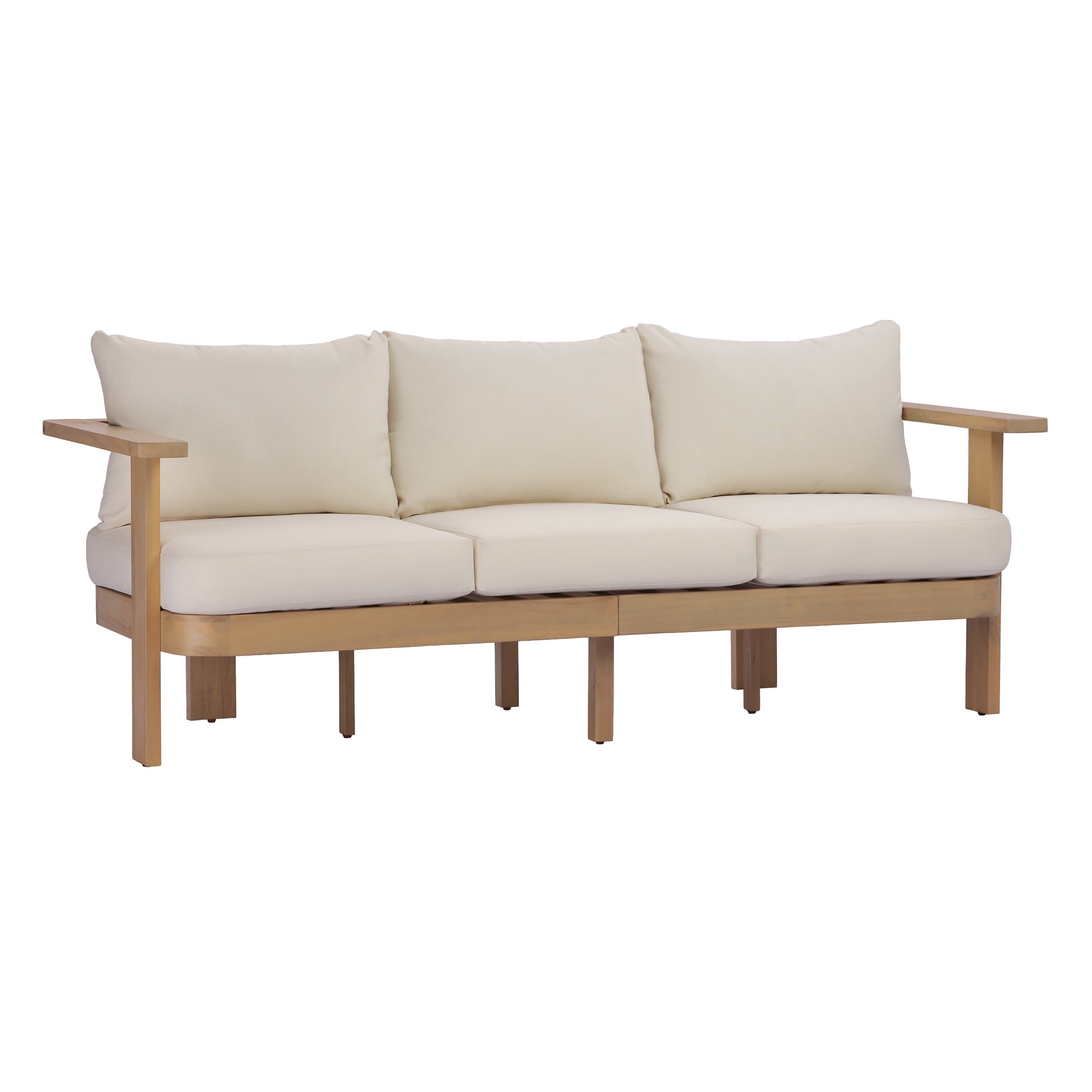 Christopher Knight Home 76.77" Outdoor Acacia Wood 3-Seater Sofa with Cushions, Light Teak + Cream