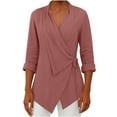 thumbnail image 3 of Yxbdin Plus Size Lapel Womens Blouses Dressy Cotton Linen Long Sleeve Wrap Tops Side Knot Irregular Hem Tunic Shirt Elegant Formal Outfits Brown M, 3 of 6