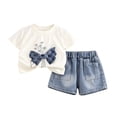 thumbnail image 4 of Girls Cotton 2 Piece Outfits Summer Cute Short Sleeve Rhinestone Bow Printed T-Shirt and Elastic Waist Denim Shorts Set White 0-1Years, 4 of 9