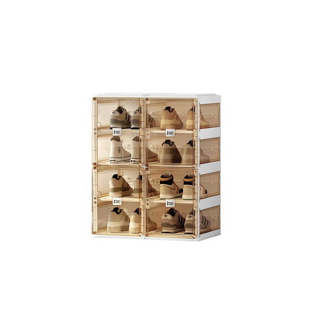 AntBox Shoe Box 4 layers 8 grids (8 paris) Brown, Portable Shoe Organizers Storage Boxes with Magnetic Door, Easy Assembly