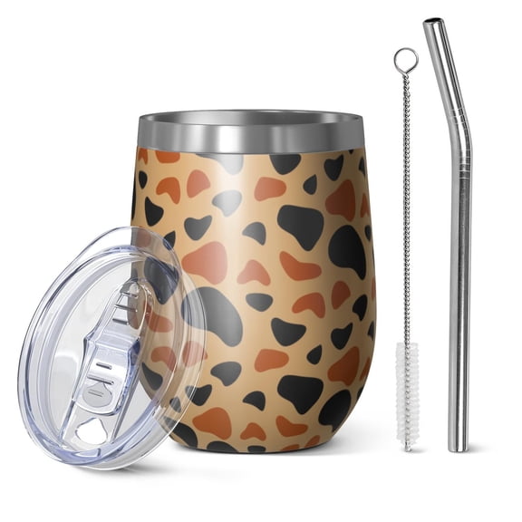 Leopard Print 12oz Stainless Steel Insulated Wine Tumbler with Lid and Straw – Double Wall Vacuum Mug for Hot & Cold Drinks, 304 Steel Interior, Sweat-Free Design